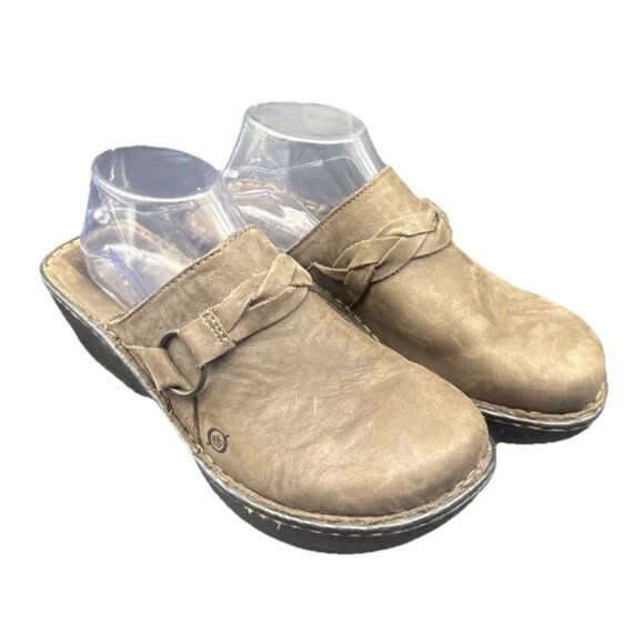 Born Shoes - Born Womens Brown Leather Clog Mules Shoes Braided Strap Buckle Accent Sz 10